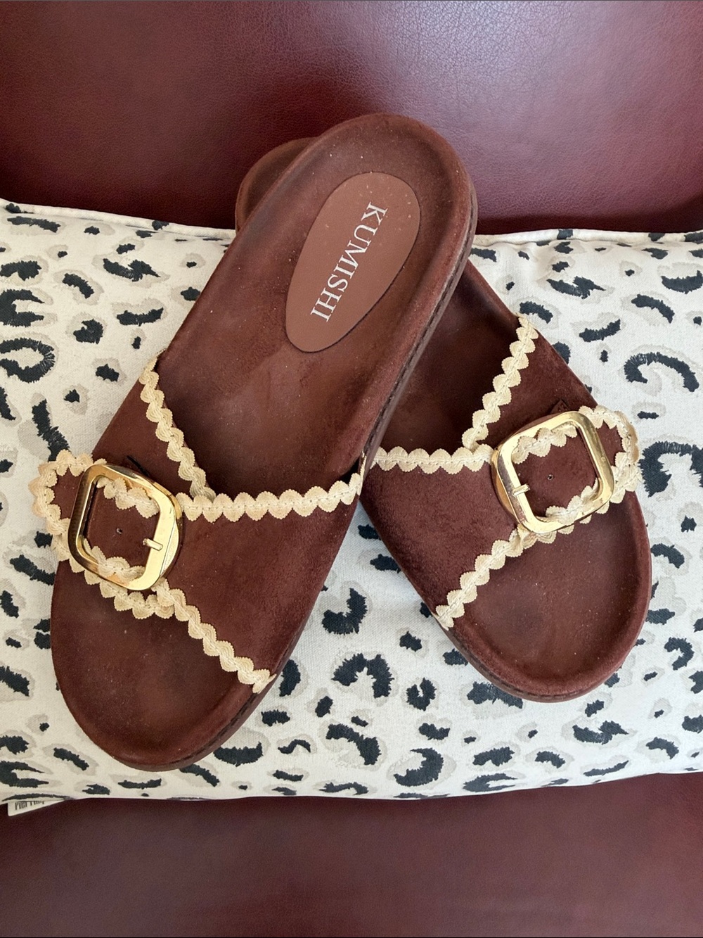 Brown Suede Slide Sandals with Gold Buckle Size 8
